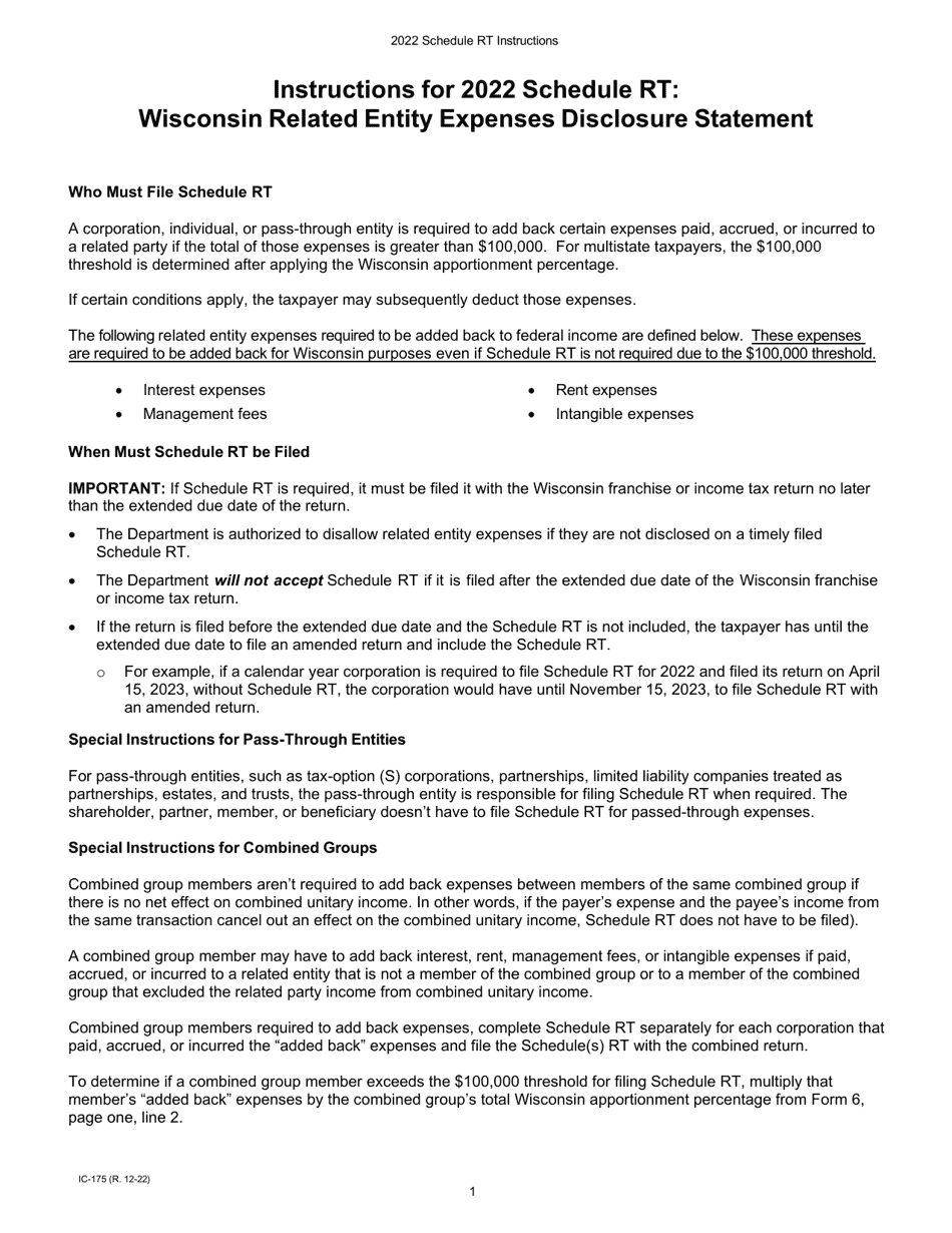 Instructions for Form IC-075 Schedule RT Wisconsin Related Entity Expenses Disclosure Statement - Wisconsin, Page 1