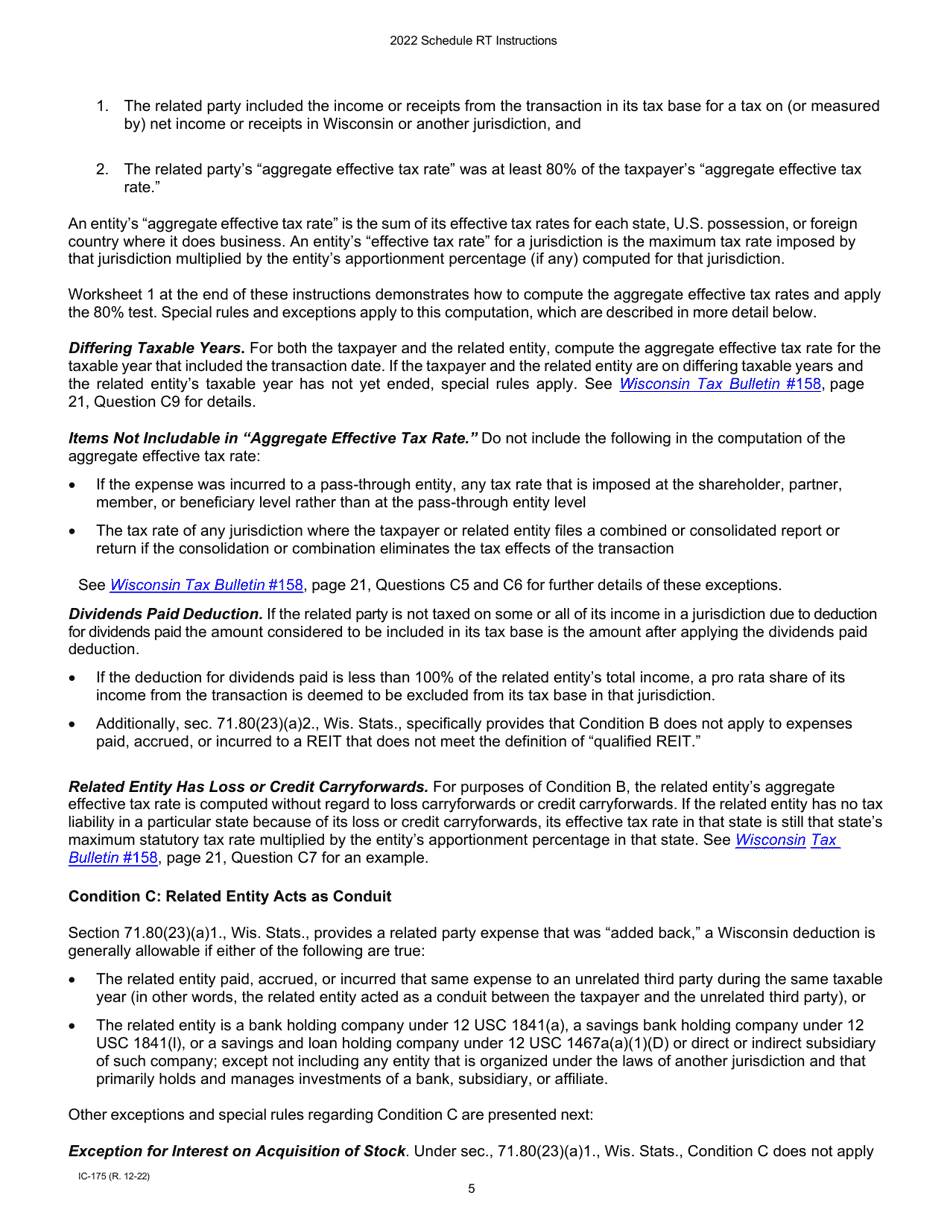 Instructions for Form IC-075 Schedule RT Wisconsin Related Entity Expenses Disclosure Statement - Wisconsin, Page 5