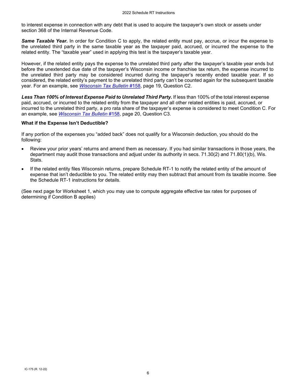Instructions for Form IC-075 Schedule RT Wisconsin Related Entity Expenses Disclosure Statement - Wisconsin, Page 6
