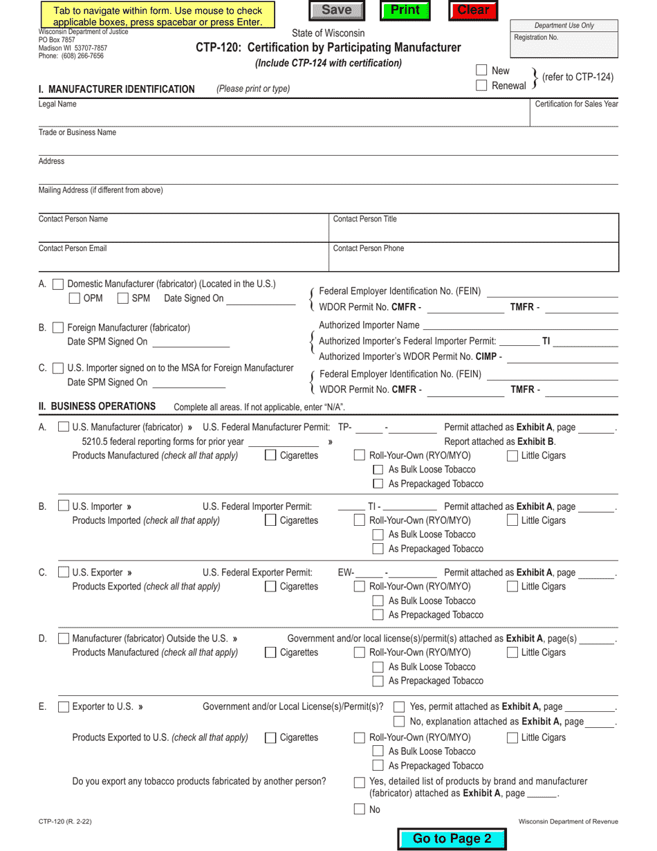 Form CTP-120 Certification by Participating Manufacturer - Wisconsin, Page 1