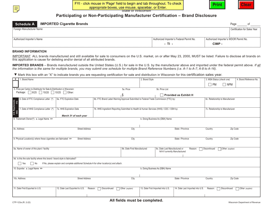 Form CTP-123A Schedule A Participating or Non-participating Manufacturer Certification - Brand Disclosure - Imported Cigarette Brands - Wisconsin, Page 1