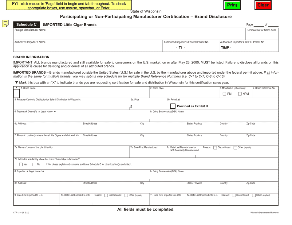 Form CTP-123C Schedule C Participating or Non-participating Manufacturer Certification - Brand Disclosure - Imported Little Cigar Brands - Wisconsin, Page 1