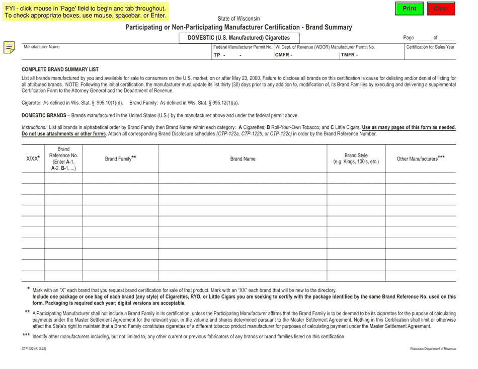 Form CTP-122 Brand Summary List for Domestic (U.S.) Manufactured Cigarette Products - Wisconsin, Page 1