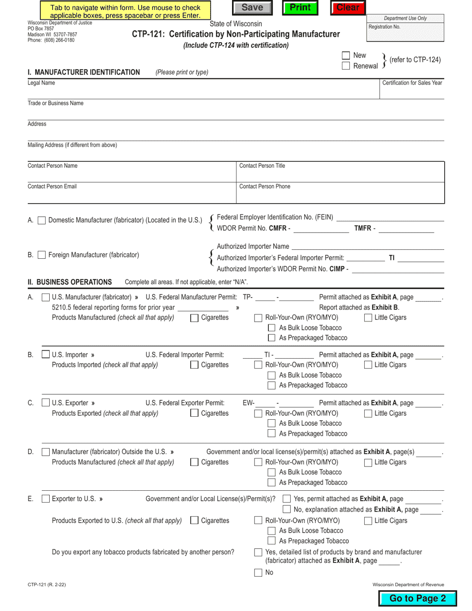 Form CTP-121 Certification by Non-participating Manufacturer - Wisconsin, Page 1