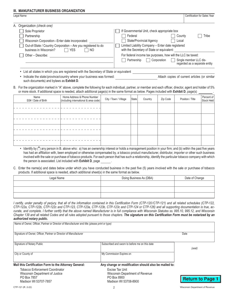 Form CTP-121 Certification by Non-participating Manufacturer - Wisconsin, Page 2