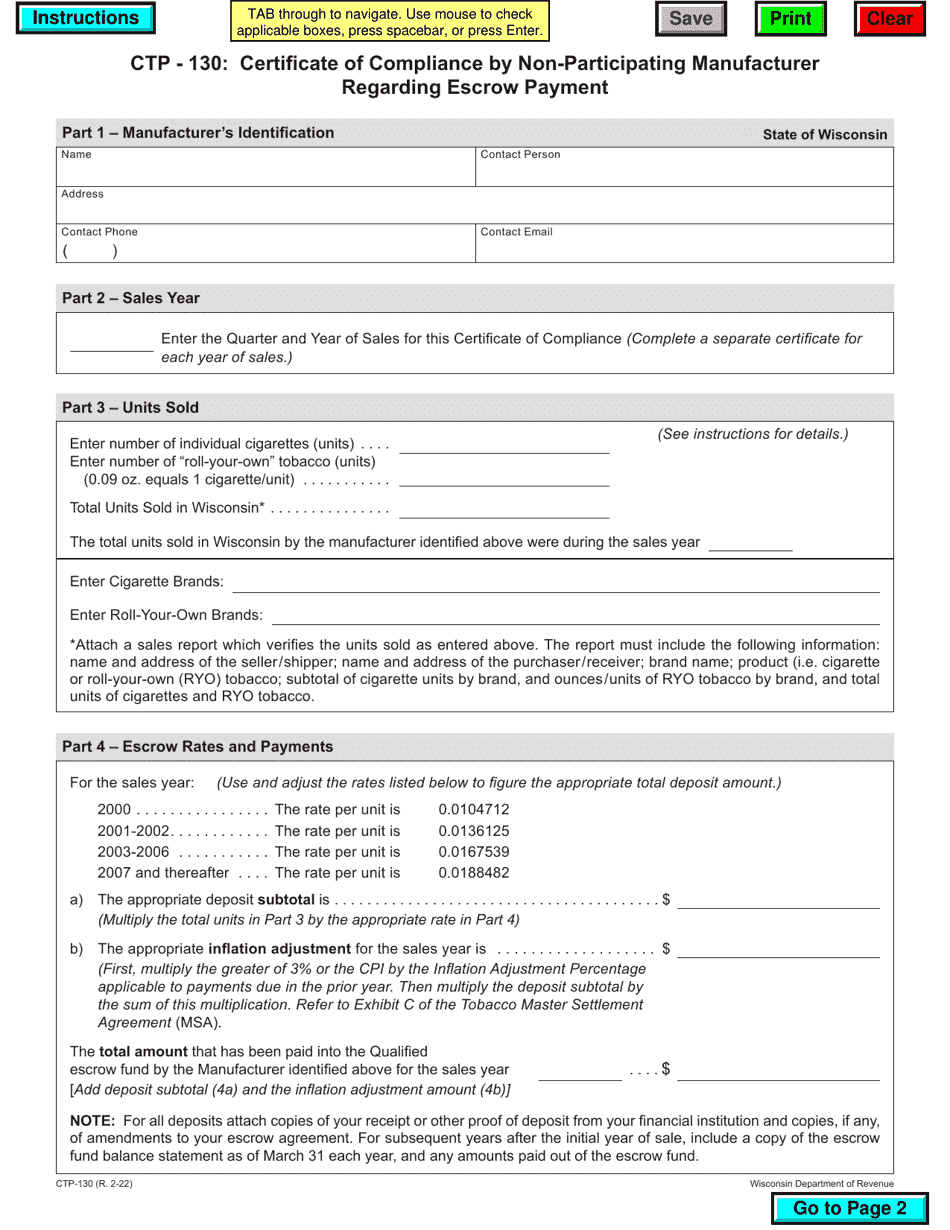 Form CTP-130 Certificate of Compliance by Non-participating Manufacturer Regarding Escrow Payment - Wisconsin, Page 1