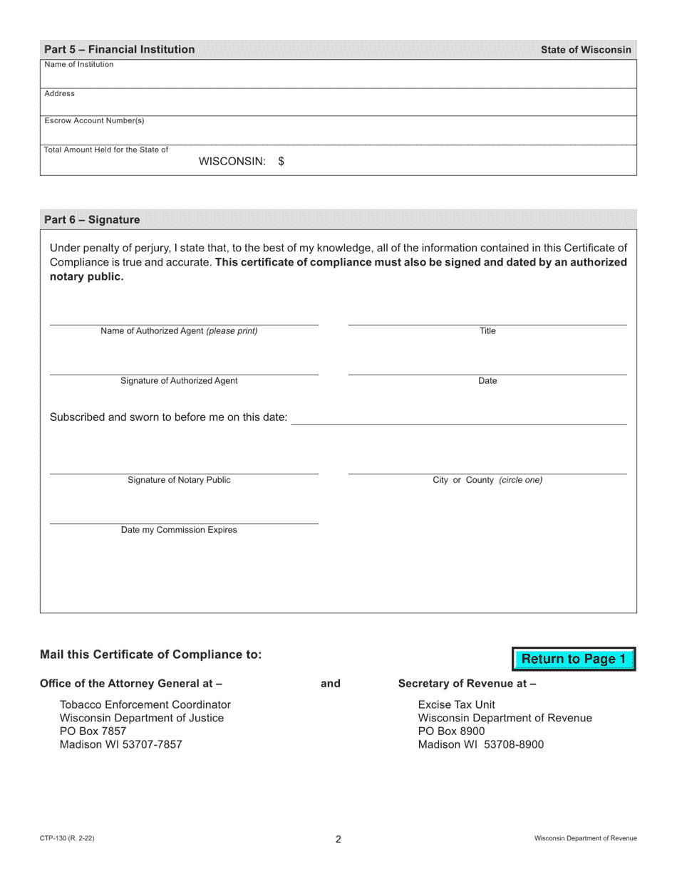 Form CTP-130 Certificate of Compliance by Non-participating Manufacturer Regarding Escrow Payment - Wisconsin, Page 2