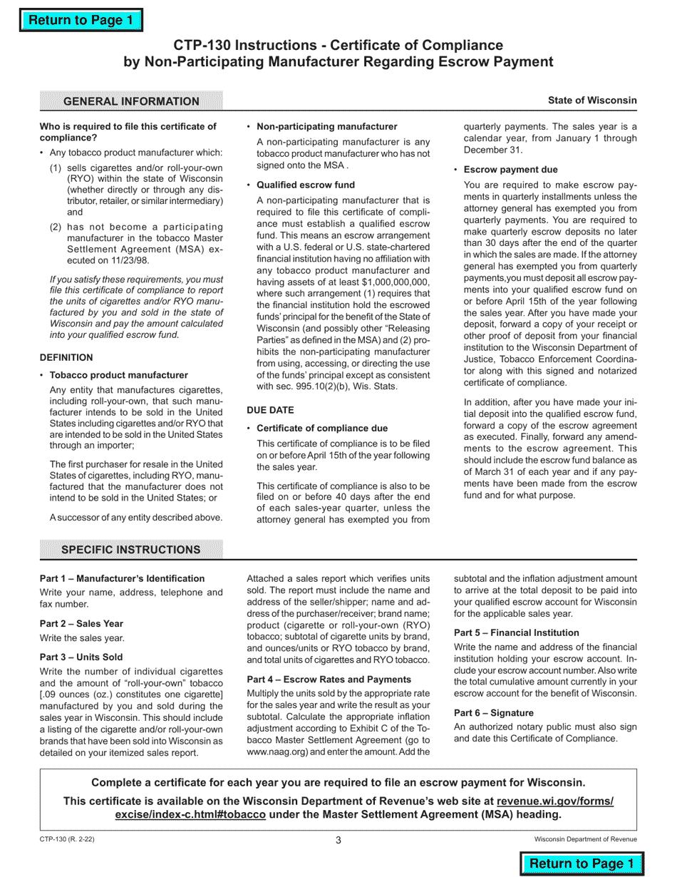 Form CTP-130 Certificate of Compliance by Non-participating Manufacturer Regarding Escrow Payment - Wisconsin, Page 3