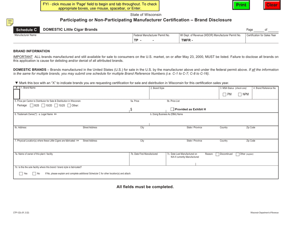 Form CTP-122C Schedule C Participating or Non-participating Manufacturer Certification - Brand Disclosure - Domestic Little Cigar Brands - Wisconsin, Page 1