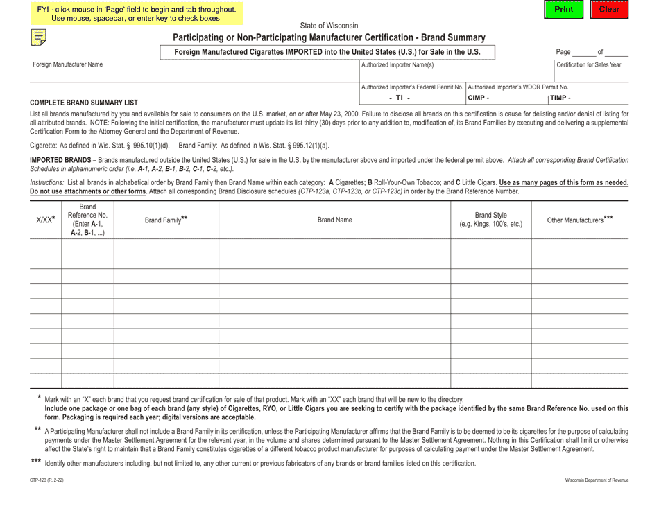 Form CTP-123 Participating or Non-participating Manufacturer Certification - Brand Summary - Foreign Manufactured Cigarettes Imported Into the United States (U.S.) for Sale in the U.s - Wisconsin, Page 1