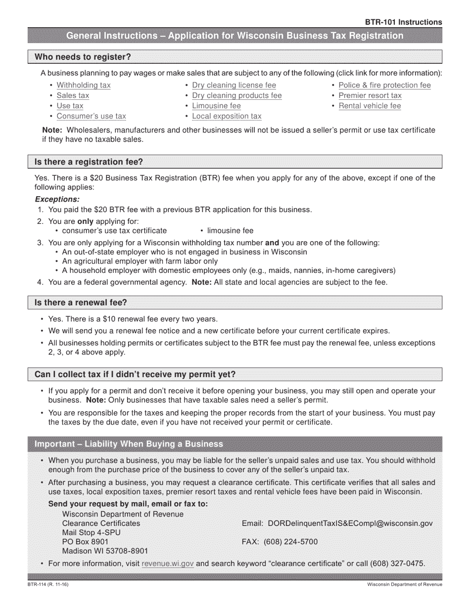 Instructions for Form BTR-101 Application for Wisconsin Business Tax Registration - Wisconsin, Page 1