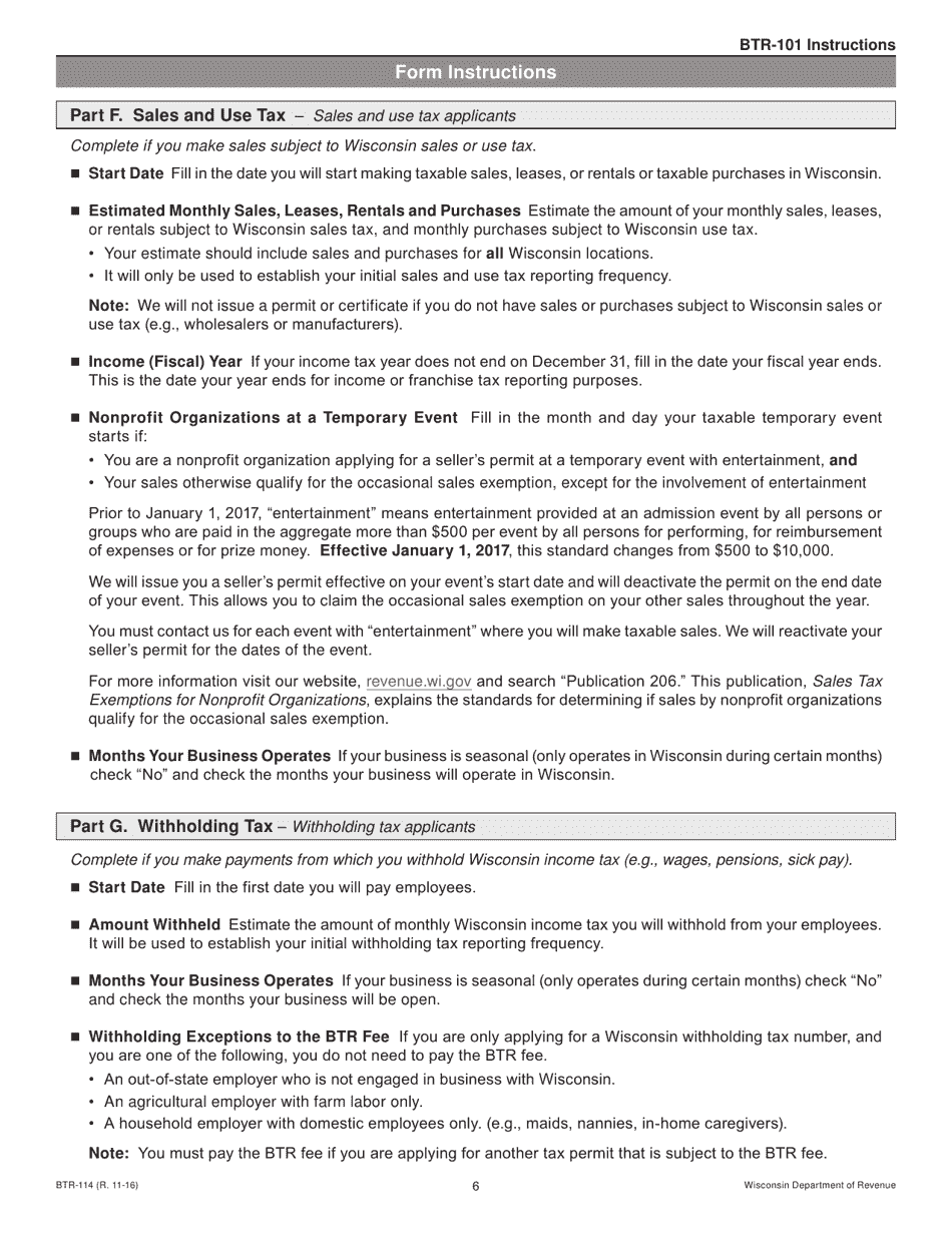 Instructions for Form BTR-101 Application for Wisconsin Business Tax Registration - Wisconsin, Page 6