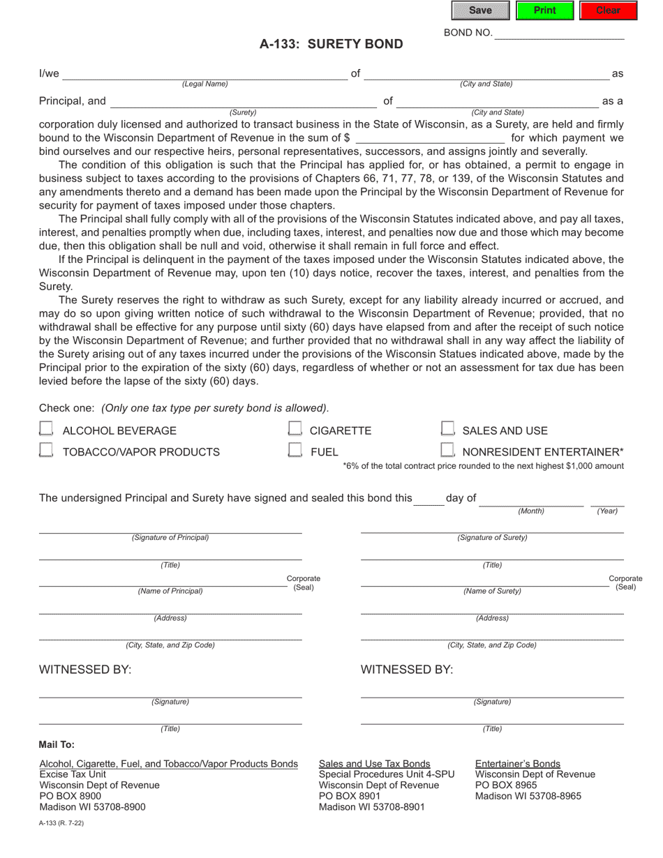 Form A-133 Surety Bond - Wisconsin, Page 1