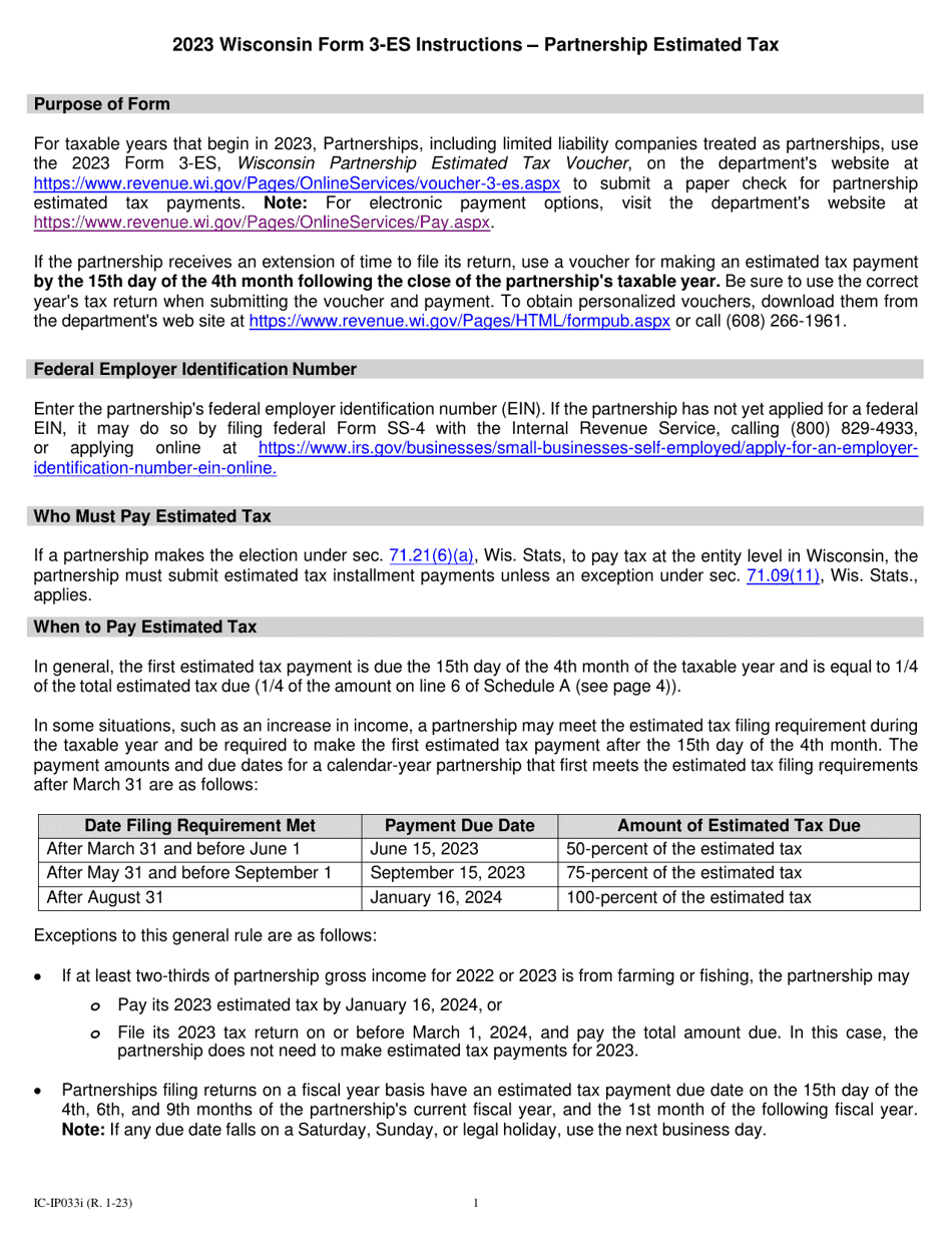 Instructions for Form 3-ES Wisconsin Partnership Estimated Tax Voucher - Wisconsin, Page 1