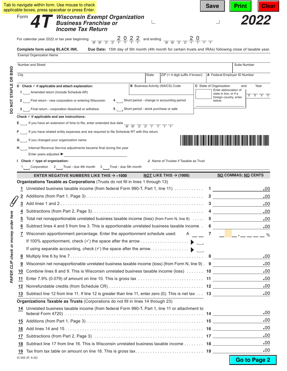 Form 4T (IC-002) Wisconsin Exempt Organization Business Franchise or Income Tax Return - Wisconsin, Page 1