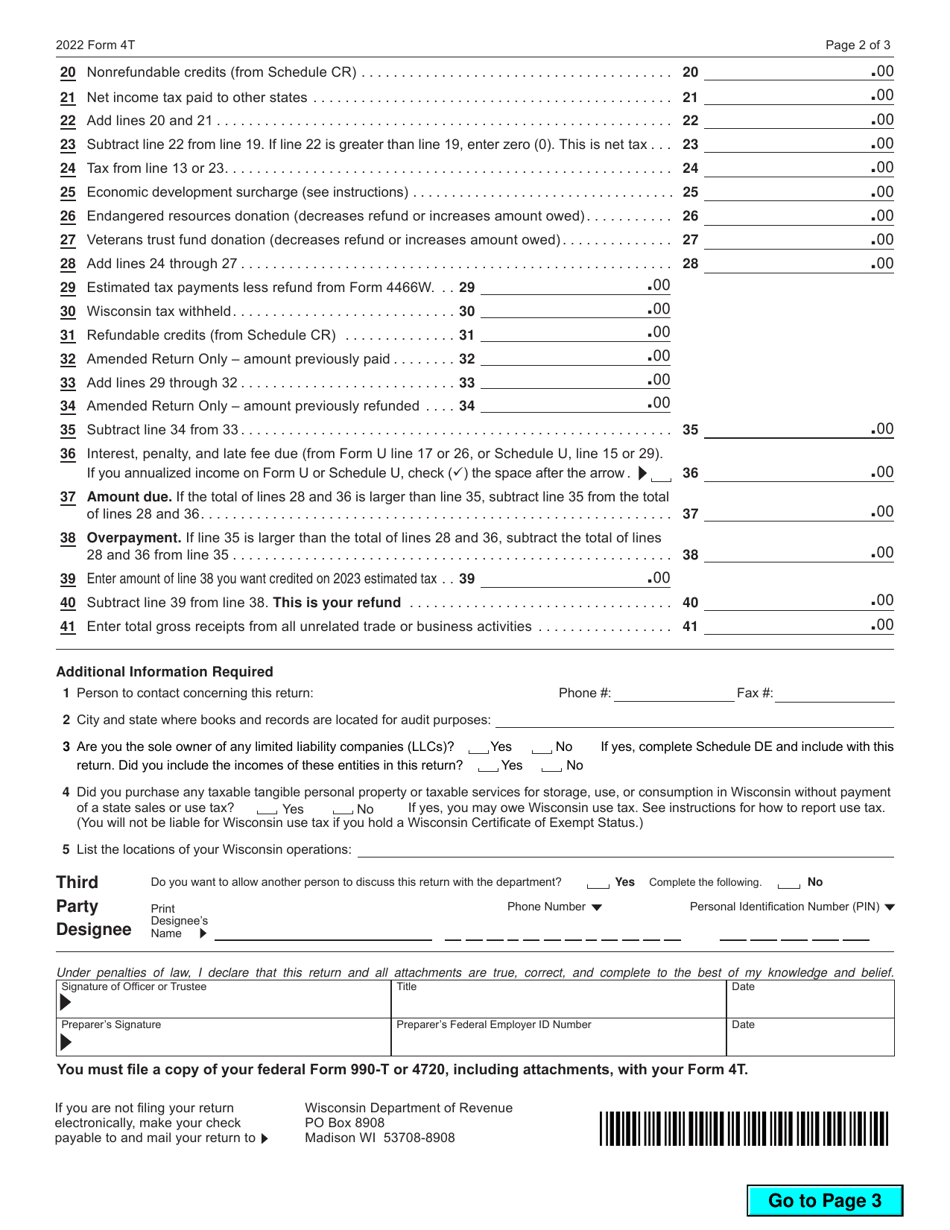 Form 4T (IC-002) Wisconsin Exempt Organization Business Franchise or Income Tax Return - Wisconsin, Page 2