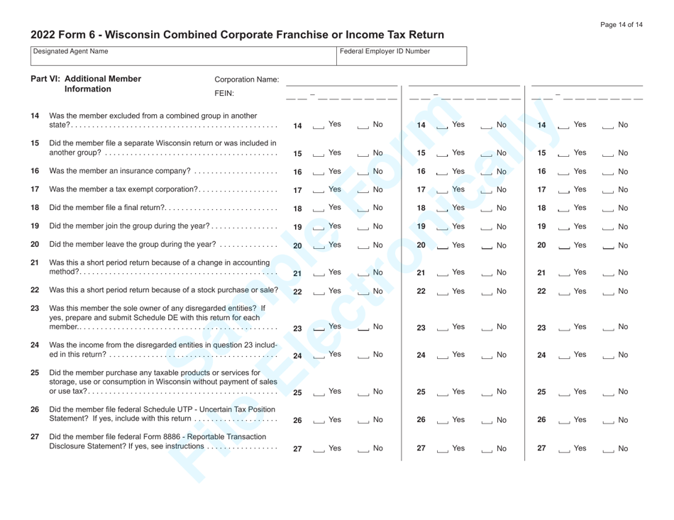 Form 6 (IC-406) Wisconsin Combined Corporate Franchise or Income Tax Return - Sample - Wisconsin, Page 14