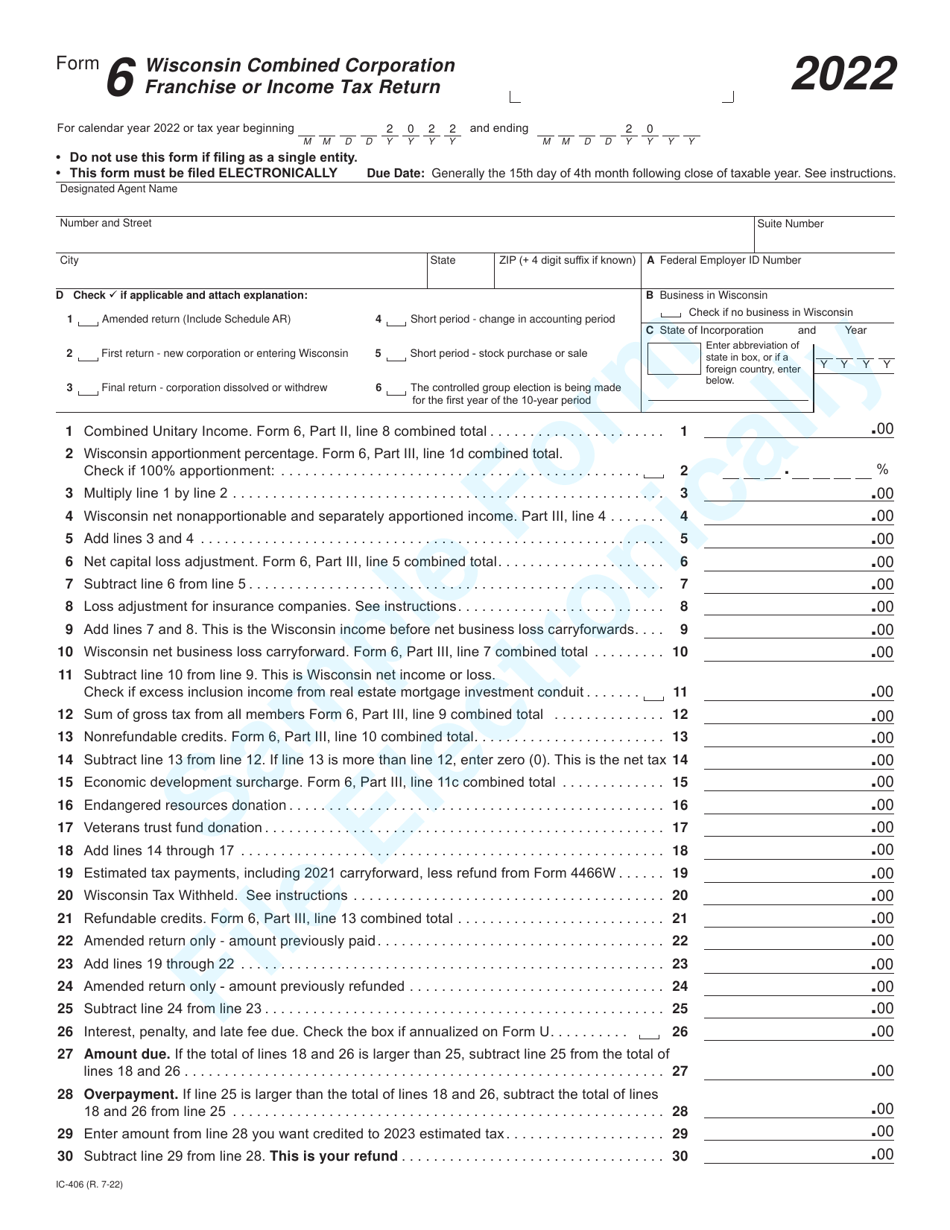 Form 6 (IC-406) Wisconsin Combined Corporate Franchise or Income Tax Return - Sample - Wisconsin, Page 1