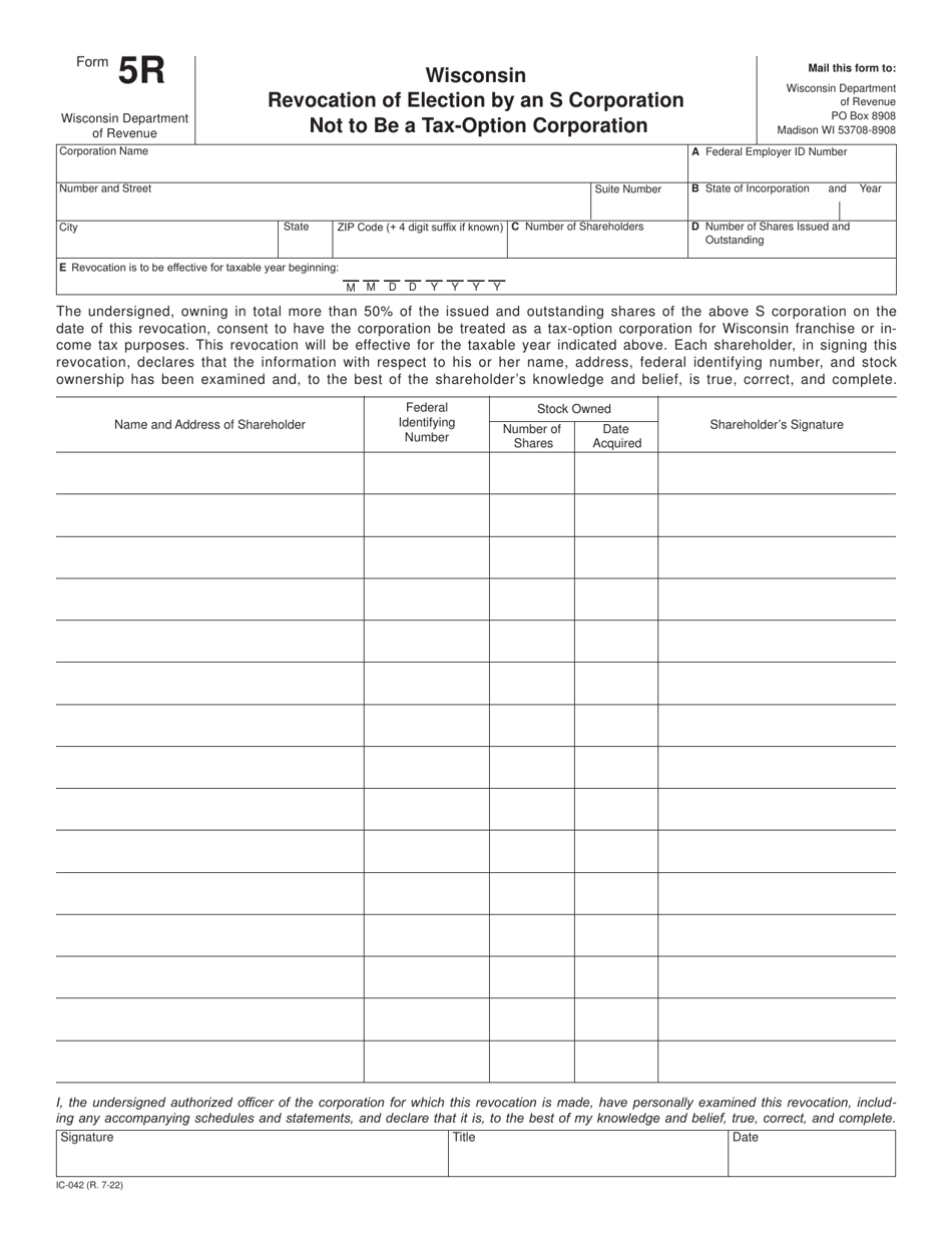 Form 5R (IC-042) Wisconsin Revocation of Election by an S Corporation Not to Be a Tax-Option Corporation - Wisconsin, Page 1