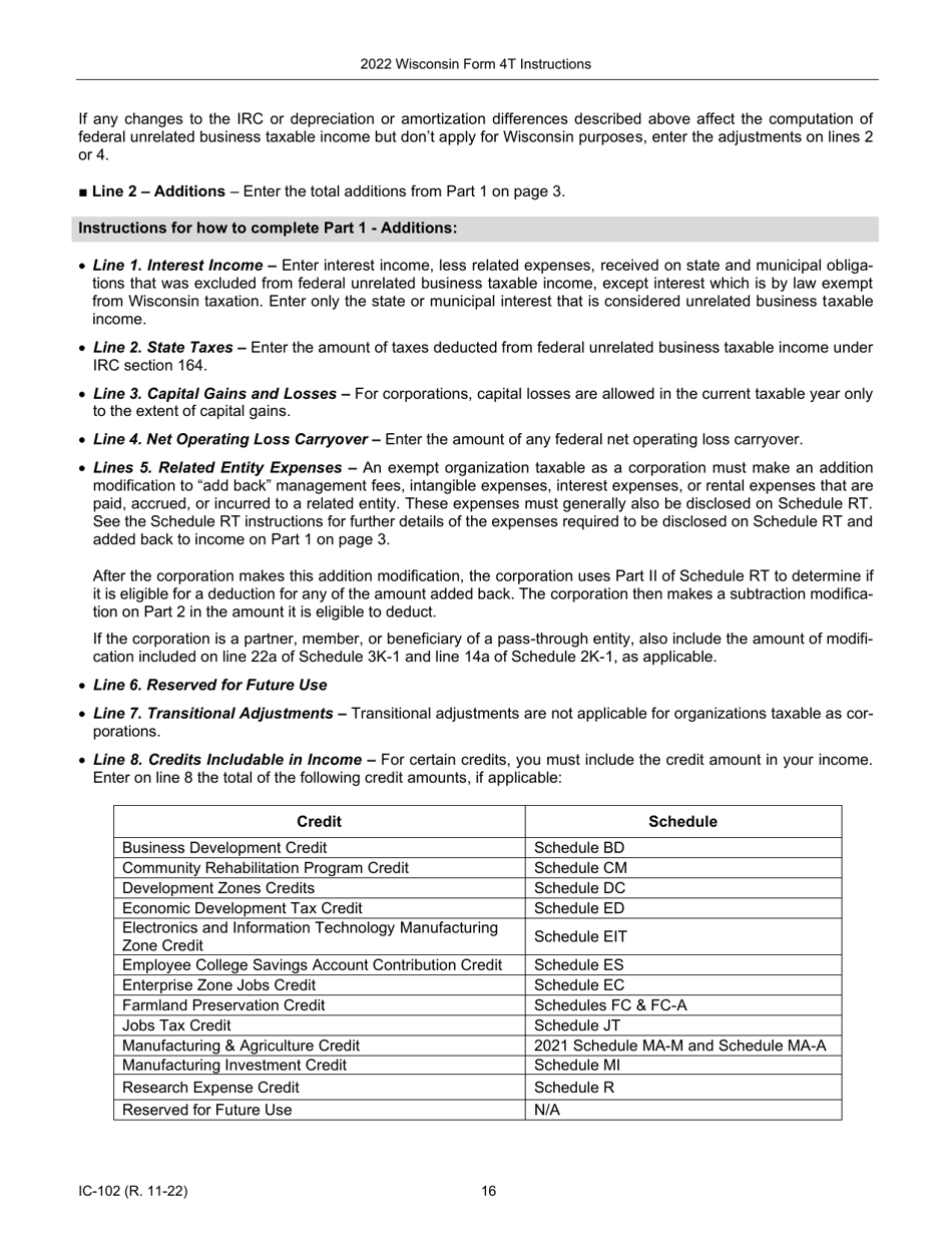 Instructions for Form 4T, IC-002 Wisconsin Exempt Organization Business Franchise or Income Tax Return - Wisconsin, Page 16