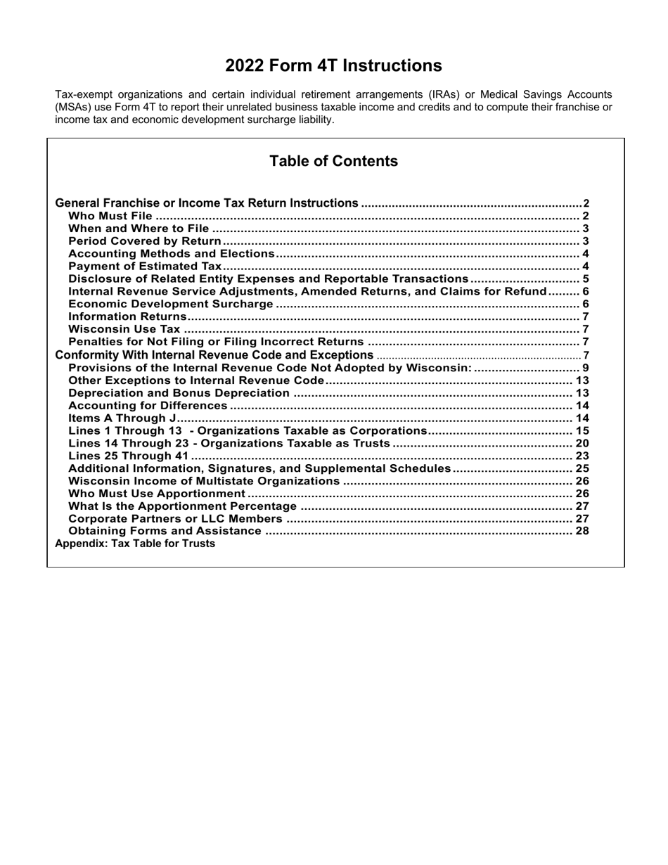 Instructions for Form 4T, IC-002 Wisconsin Exempt Organization Business Franchise or Income Tax Return - Wisconsin, Page 1