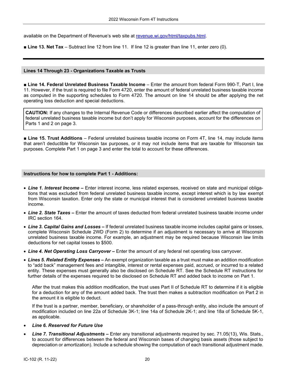 Instructions for Form 4T, IC-002 Wisconsin Exempt Organization Business Franchise or Income Tax Return - Wisconsin, Page 20