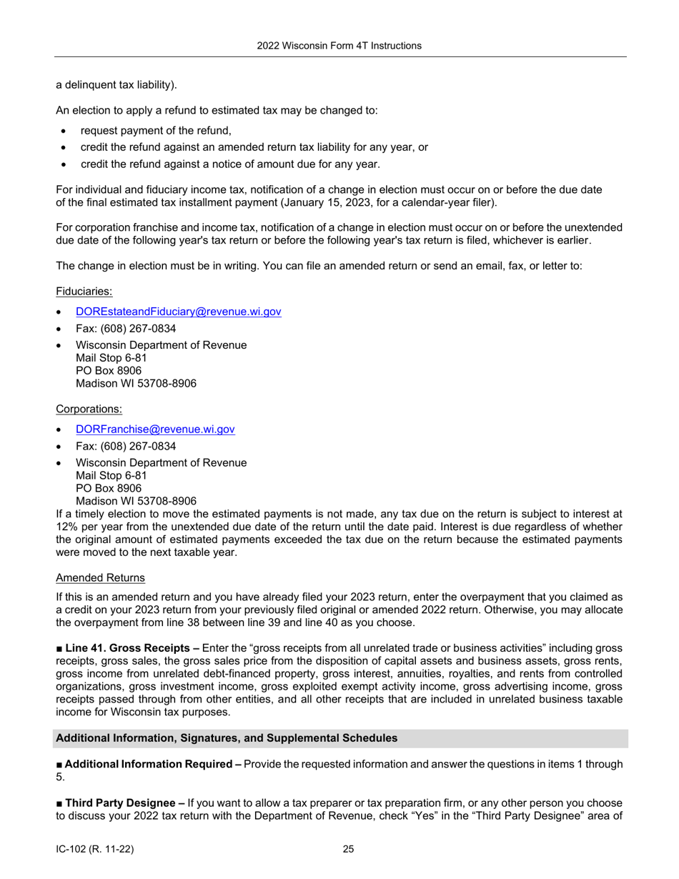 Instructions for Form 4T, IC-002 Wisconsin Exempt Organization Business Franchise or Income Tax Return - Wisconsin, Page 25