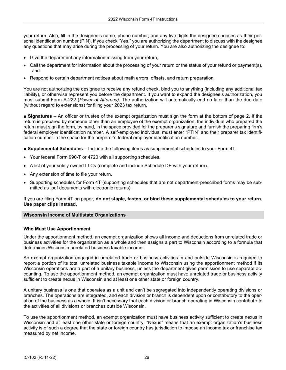Instructions for Form 4T, IC-002 Wisconsin Exempt Organization Business Franchise or Income Tax Return - Wisconsin, Page 26