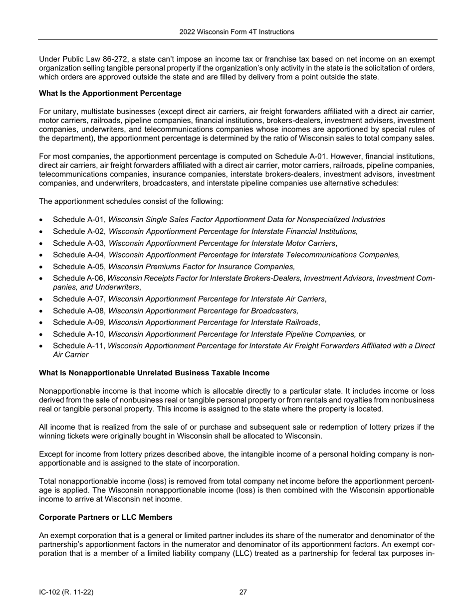 Instructions for Form 4T, IC-002 Wisconsin Exempt Organization Business Franchise or Income Tax Return - Wisconsin, Page 27