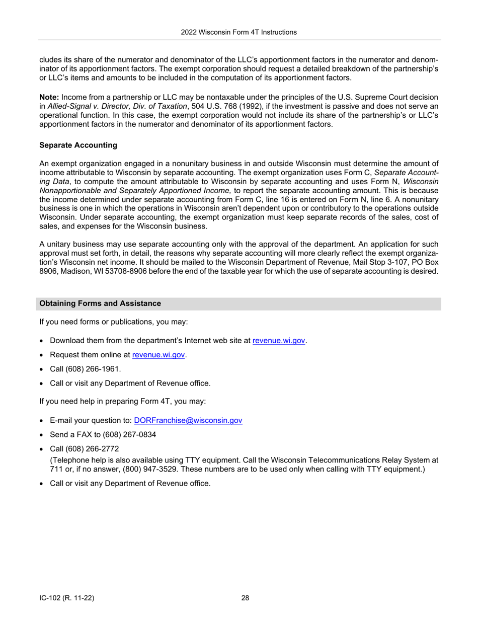 Instructions for Form 4T, IC-002 Wisconsin Exempt Organization Business Franchise or Income Tax Return - Wisconsin, Page 28