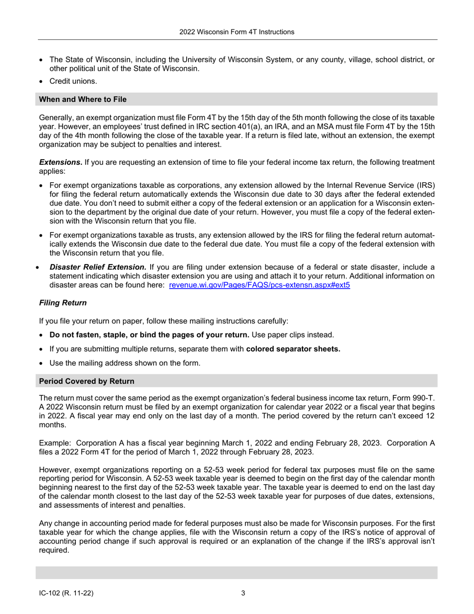 Instructions for Form 4T, IC-002 Wisconsin Exempt Organization Business Franchise or Income Tax Return - Wisconsin, Page 3