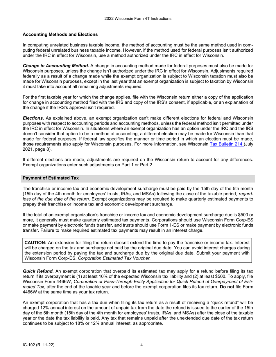 Instructions for Form 4T, IC-002 Wisconsin Exempt Organization Business Franchise or Income Tax Return - Wisconsin, Page 4