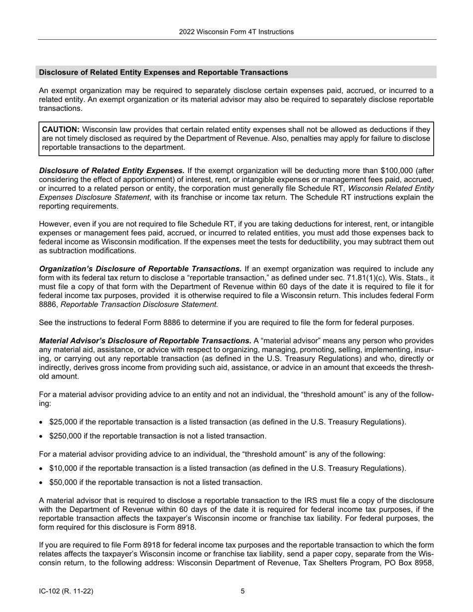 Instructions for Form 4T, IC-002 Wisconsin Exempt Organization Business Franchise or Income Tax Return - Wisconsin, Page 5