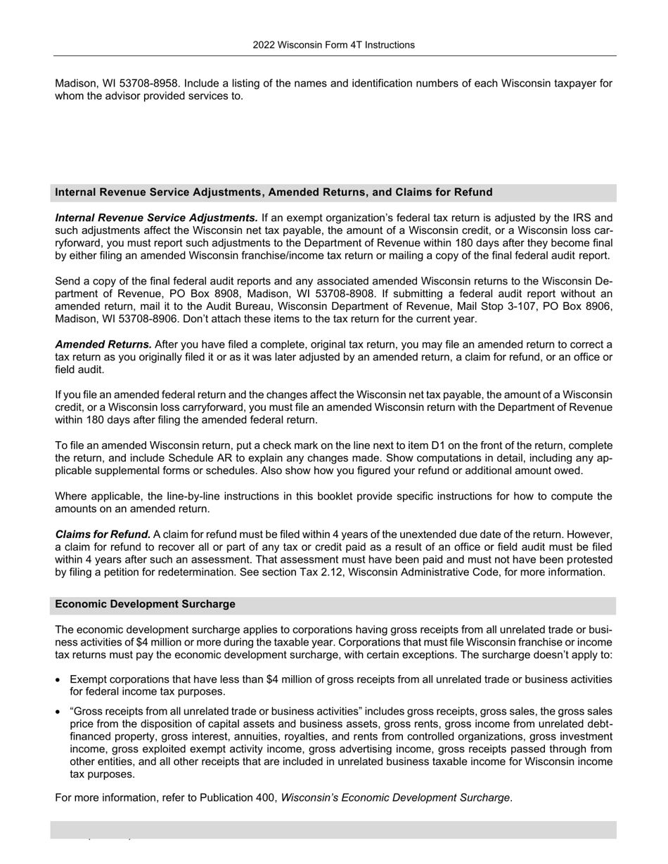 Instructions for Form 4T, IC-002 Wisconsin Exempt Organization Business Franchise or Income Tax Return - Wisconsin, Page 6