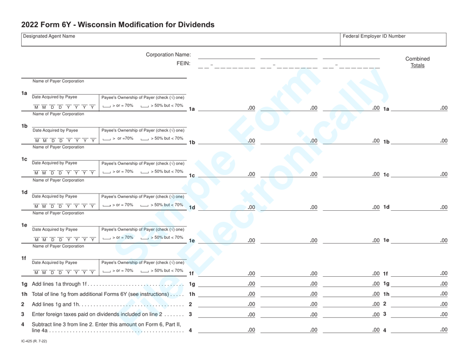 Form 6Y (IC-425) Wisconsin Modification for Dividends - Sample - Wisconsin, Page 1