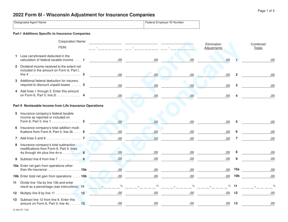 Form 6I (IC-402) Wisconsin Adjustment for Insurance Companies - Sample - Wisconsin, Page 1