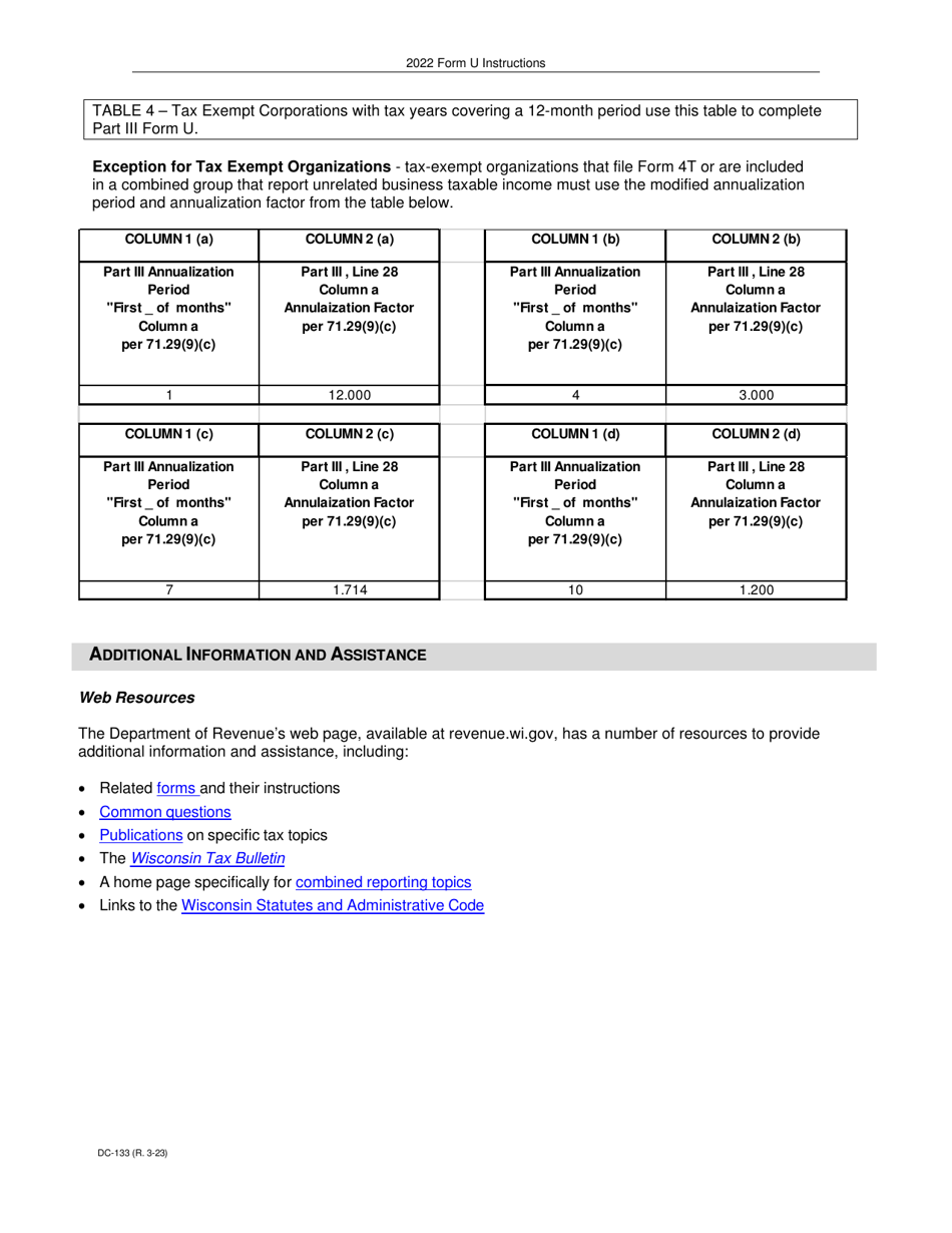 Instructions for Form U, DC-033 Underpayment of Estimated Tax by Corporations - Wisconsin, Page 11