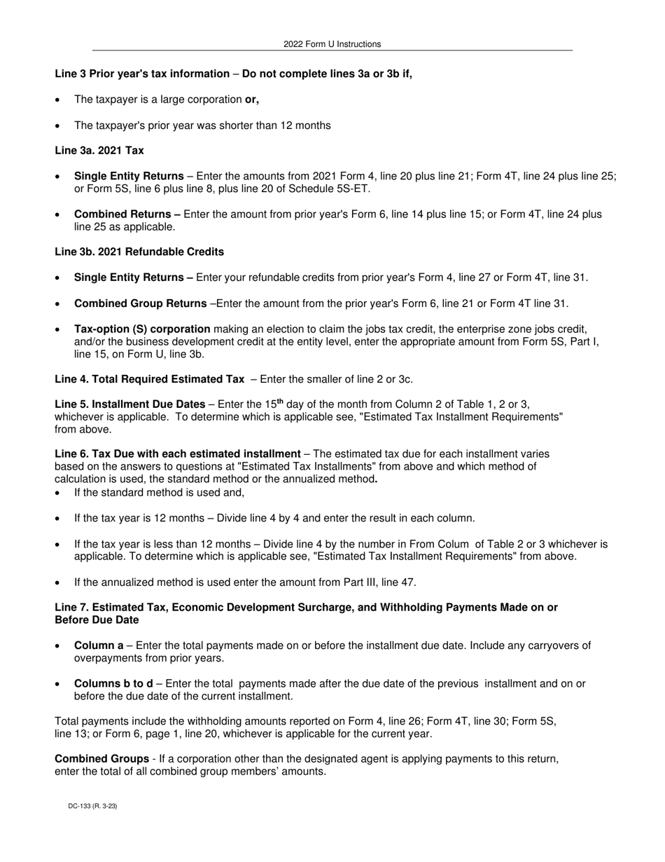 Instructions for Form U, DC-033 Underpayment of Estimated Tax by Corporations - Wisconsin, Page 4
