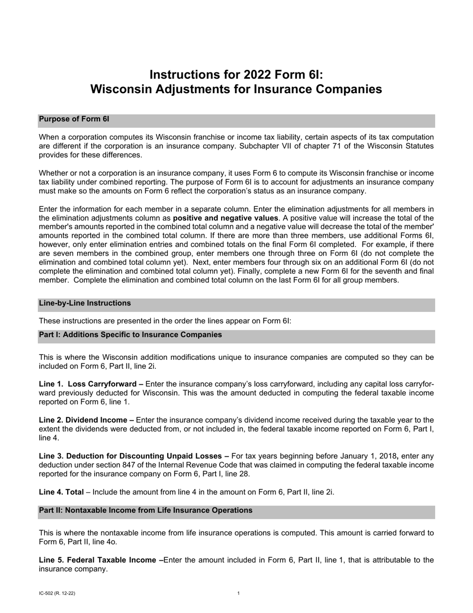 Instructions for Form 6I, IC-402 Wisconsin Adjustment for Insurance Companies - Wisconsin, Page 1