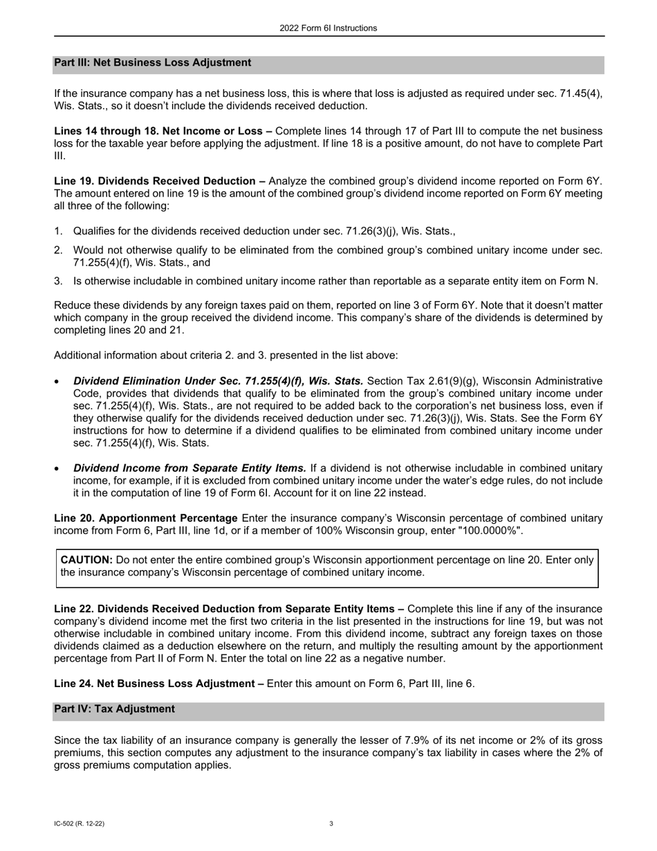 Instructions for Form 6I, IC-402 Wisconsin Adjustment for Insurance Companies - Wisconsin, Page 3