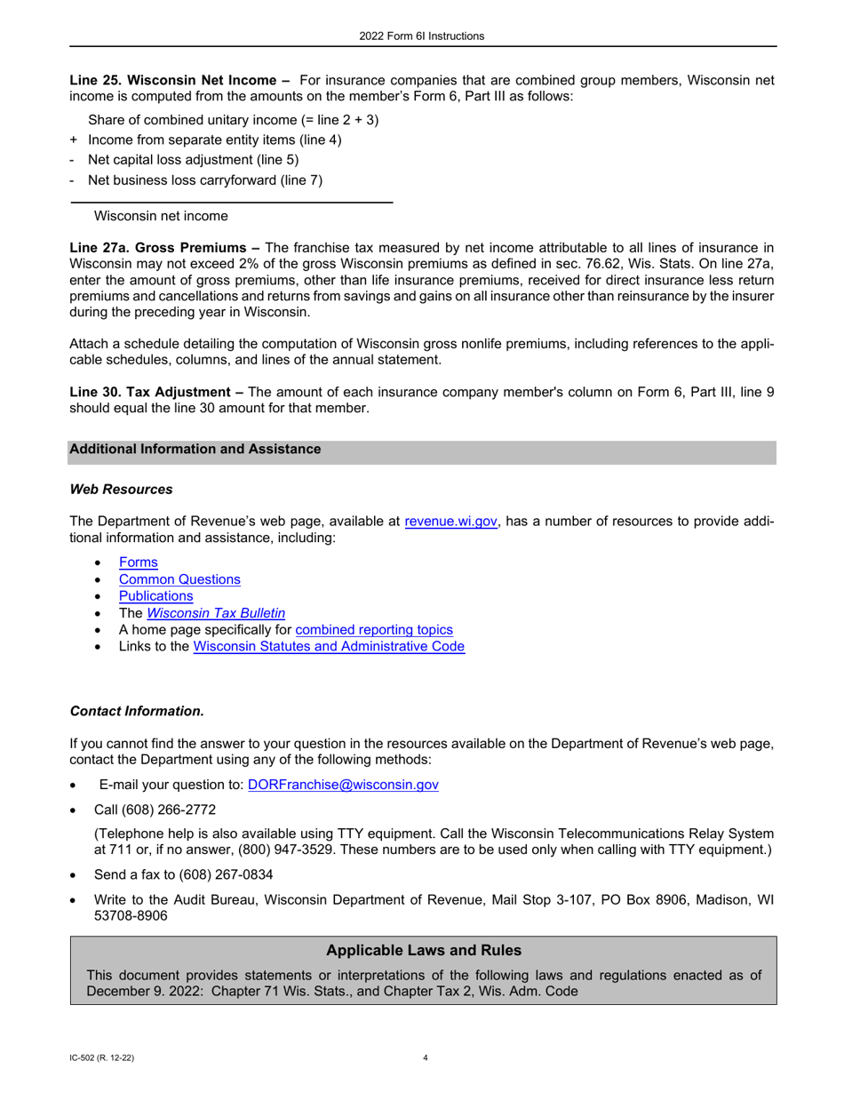 Instructions for Form 6I, IC-402 Wisconsin Adjustment for Insurance Companies - Wisconsin, Page 4