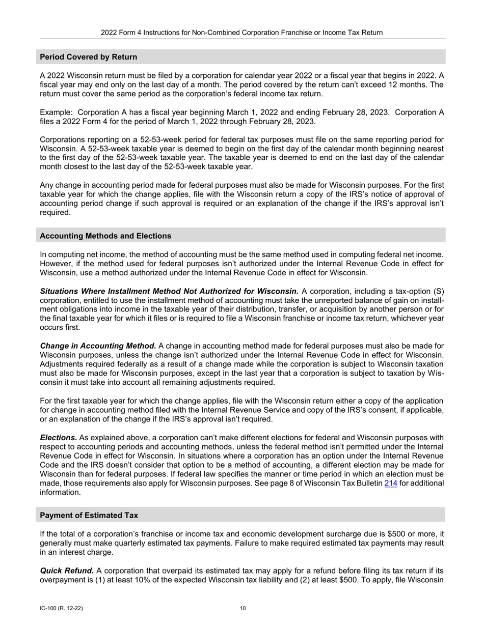 Instructions for Form 4, IC-040 Wisconsin Non-combined Corporation Franchise or Income Tax Return - Wisconsin, Page 10