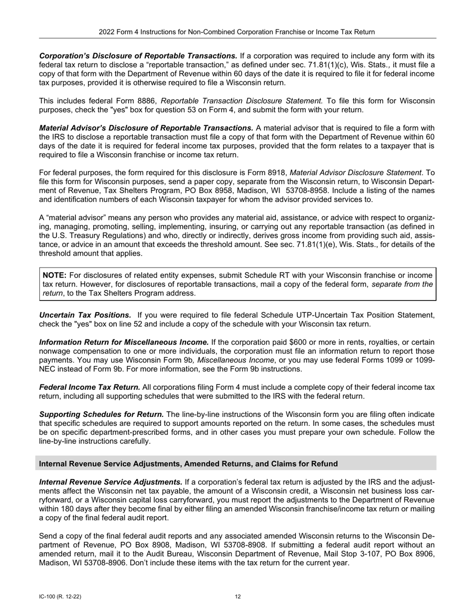 Instructions for Form 4, IC-040 Wisconsin Non-combined Corporation Franchise or Income Tax Return - Wisconsin, Page 12