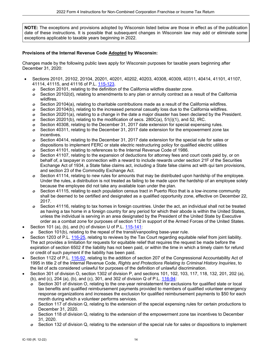 Instructions for Form 4, IC-040 Wisconsin Non-combined Corporation Franchise or Income Tax Return - Wisconsin, Page 14
