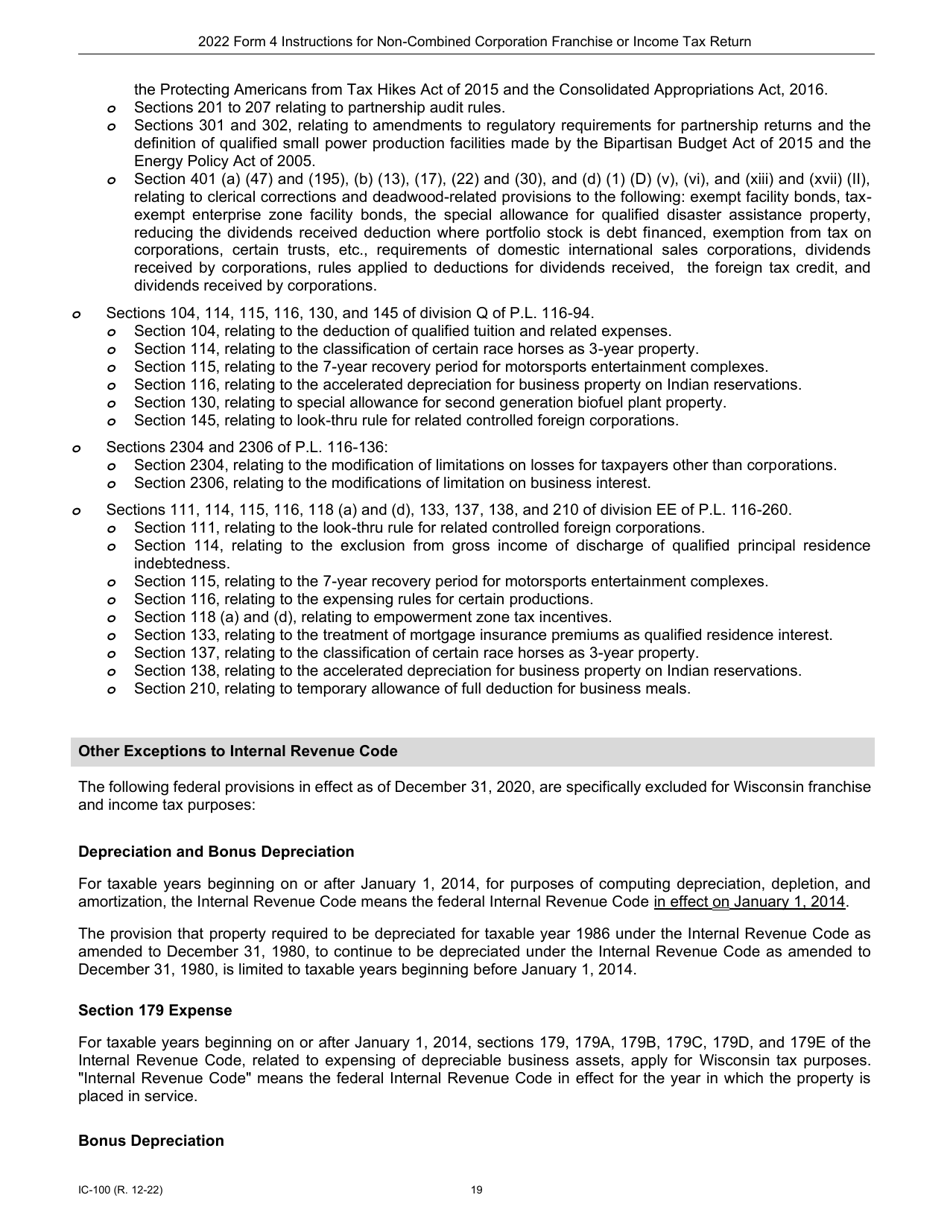 Instructions for Form 4, IC-040 Wisconsin Non-combined Corporation Franchise or Income Tax Return - Wisconsin, Page 19