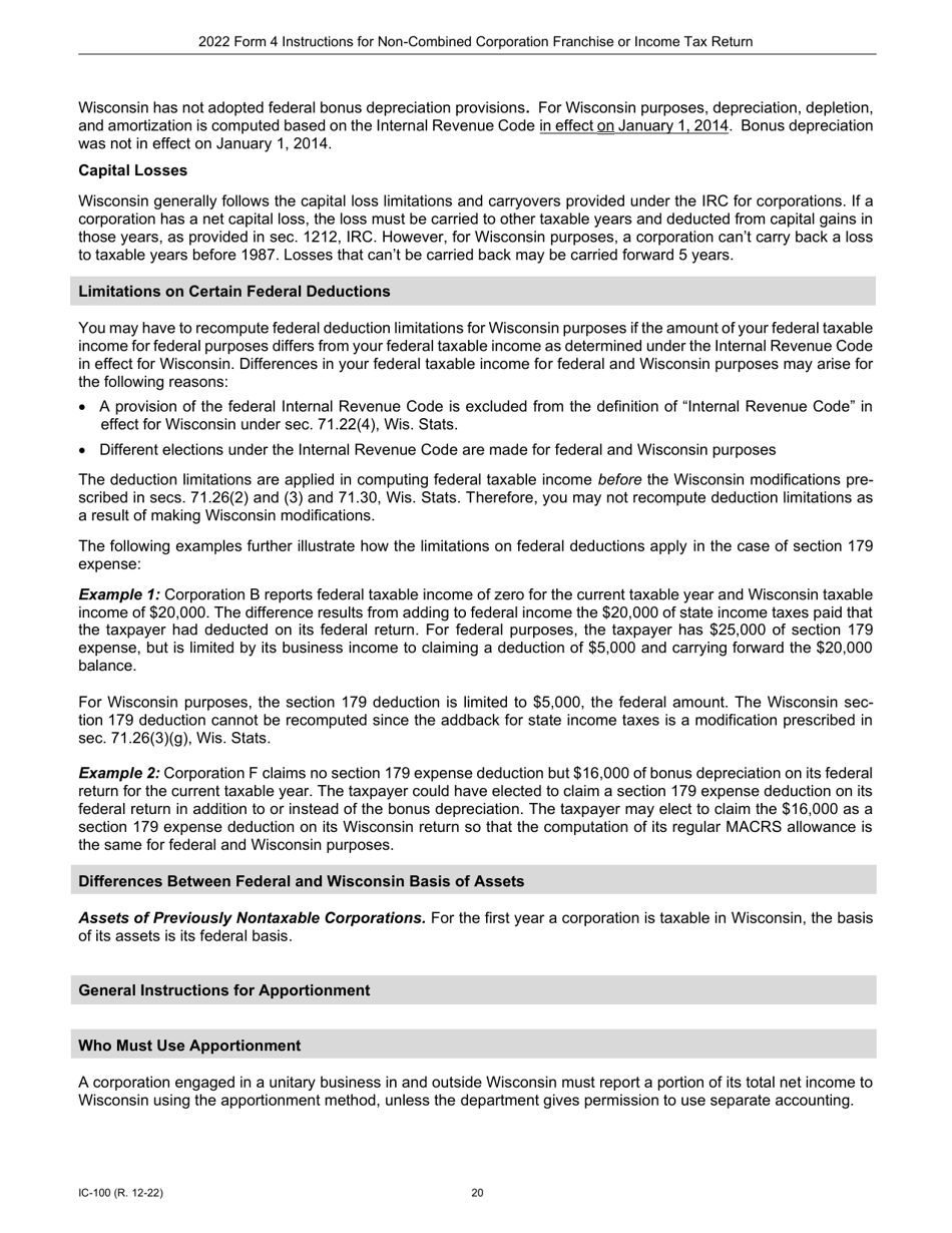Instructions for Form 4, IC-040 Wisconsin Non-combined Corporation Franchise or Income Tax Return - Wisconsin, Page 20