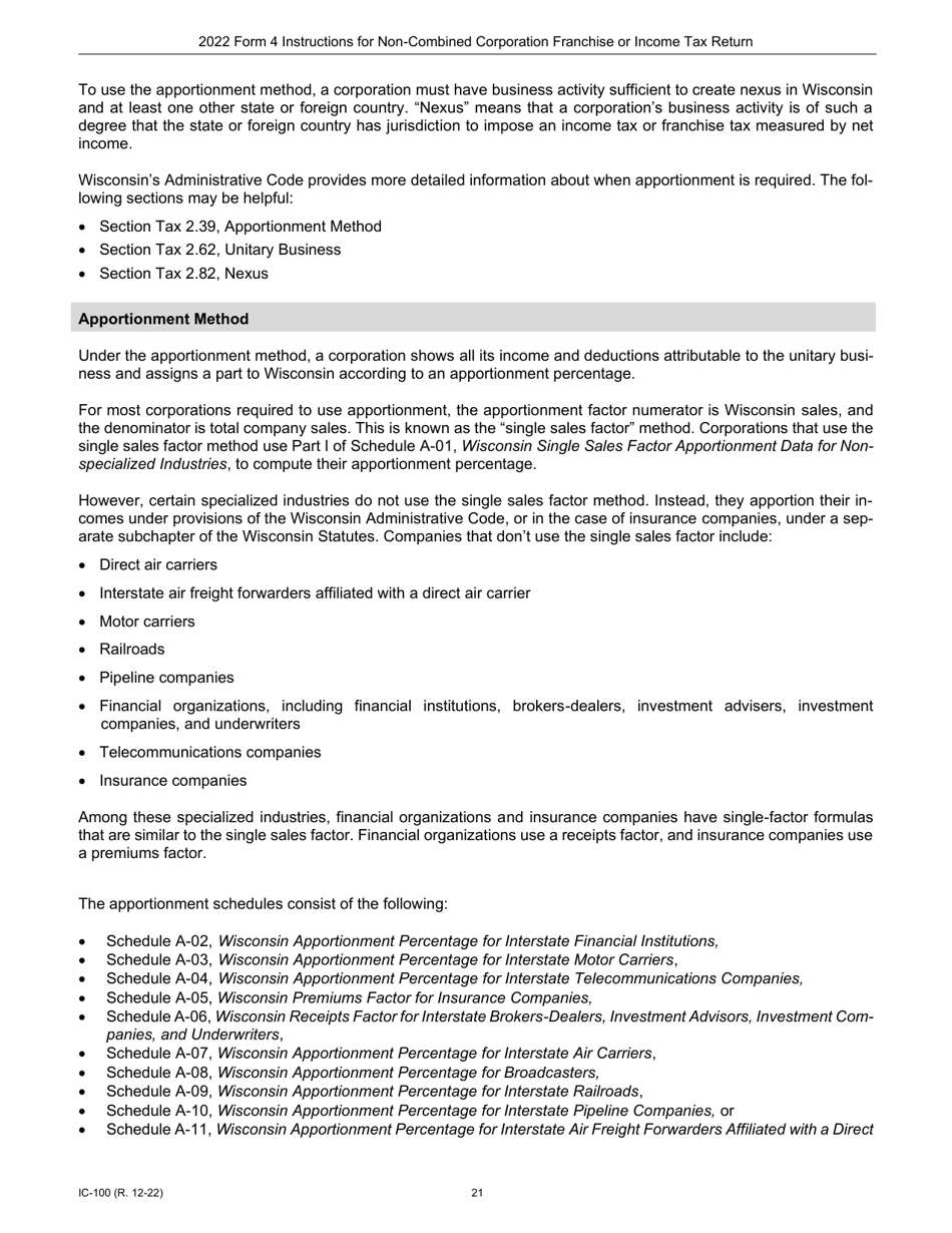 Instructions for Form 4, IC-040 Wisconsin Non-combined Corporation Franchise or Income Tax Return - Wisconsin, Page 21