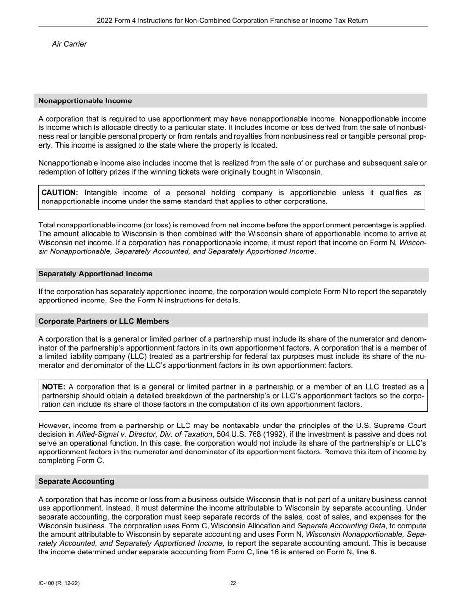 Instructions for Form 4, IC-040 Wisconsin Non-combined Corporation Franchise or Income Tax Return - Wisconsin, Page 22