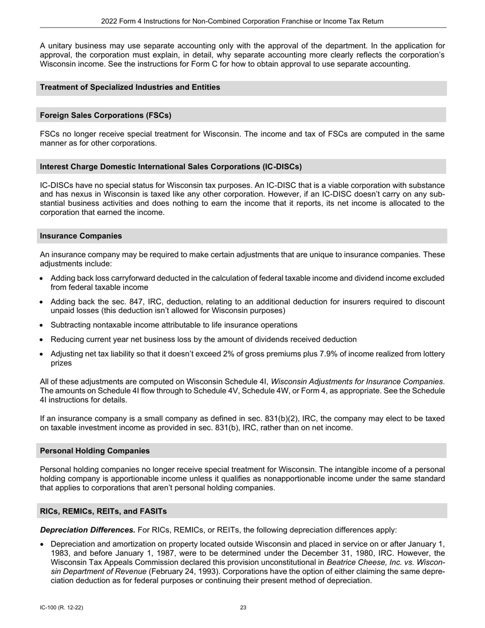 Instructions for Form 4, IC-040 Wisconsin Non-combined Corporation Franchise or Income Tax Return - Wisconsin, Page 23