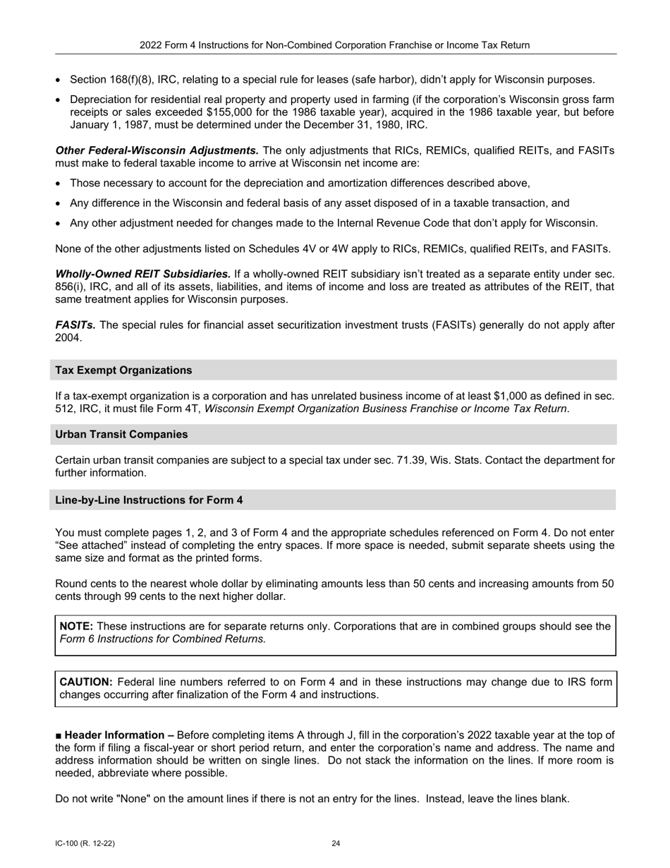 Instructions for Form 4, IC-040 Wisconsin Non-combined Corporation Franchise or Income Tax Return - Wisconsin, Page 24